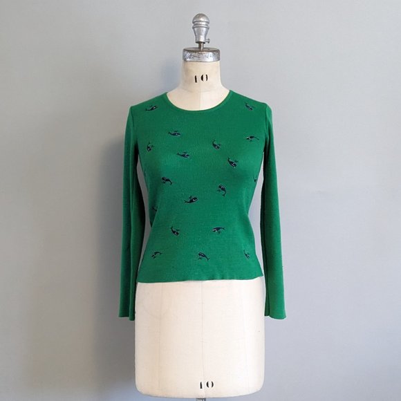 Vintage Green and Navy Blue Embroidered Whale Novelty Crew Neck Sweater Small - Picture 1 of 7